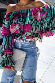 Colorful Botanical Print Sexy Off-shoulder Ruffle Top