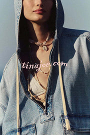 Fashion Loose Pocket Casual Denim Zipper Hoodie