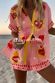 Beach Heart Print Loose Button Elastic Waist Shorts Set