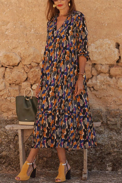 Multicolor Color Block Print V-neck Loose Resort Midi Dress