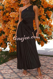 Charming One Shoulder Lace Up Cutout Pleated Maxi Dress