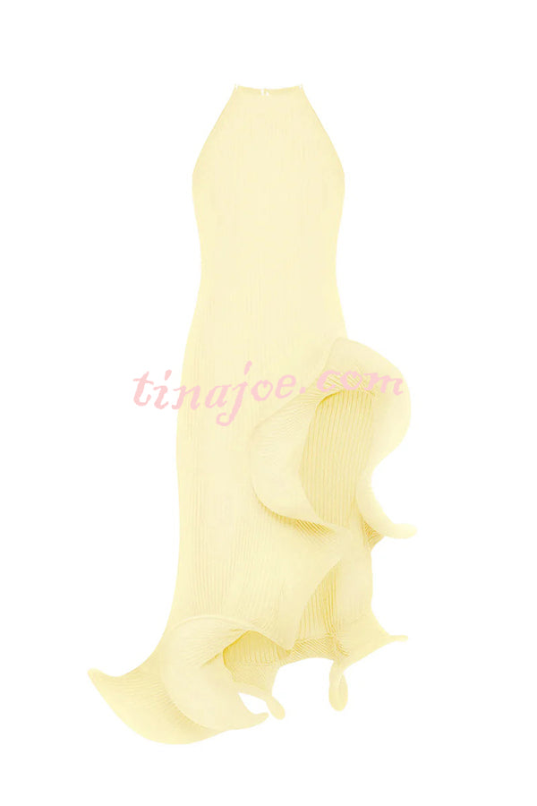 Solid Color Sleeveless Waist Tie Irregular Ruffle Slim Midi Dress