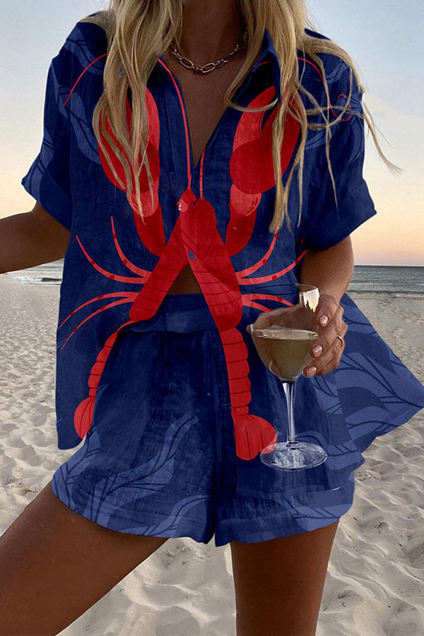 Lobster Print Loose Button Elastic Waist Shorts Set