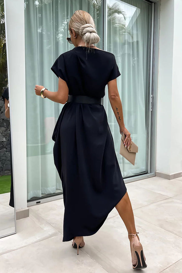 Extraordinary Cut Asymmetrical Short Sleeve Belted Loose Midi Dress