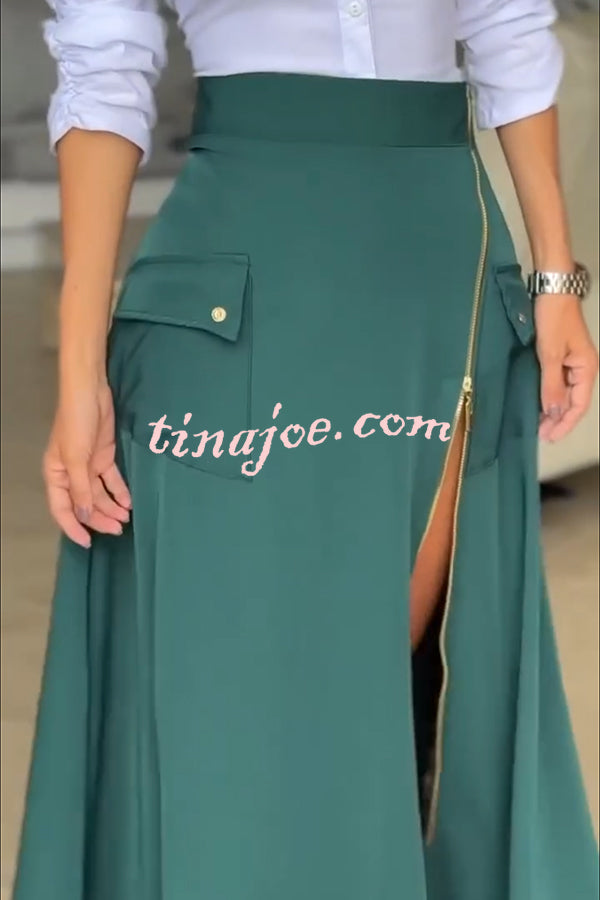 Perfect Shape Elastic Waist Zipper Detail Pocket Cargo Maxi Skirt