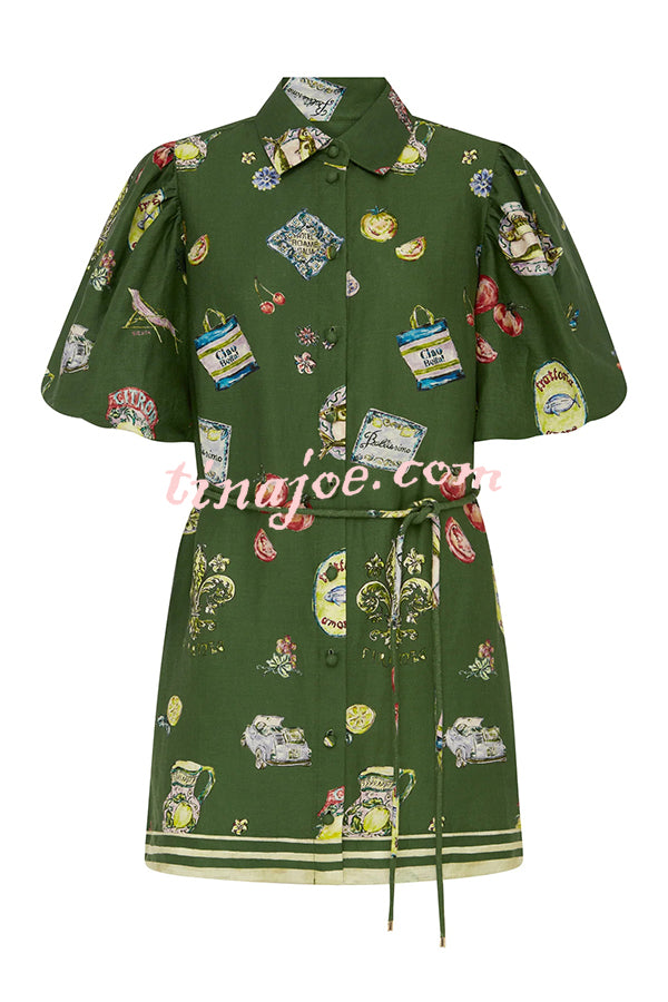 Linen Blend Unique Print Puff Sleeve Casual Mini Dress