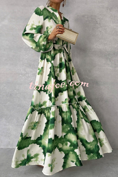 Unique Printed V-neck Long Sleeve Waist Tie-down Maxi Dress