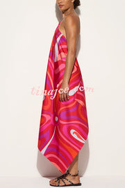Elmhurst Satin Unique Print Chain Halter Draped Scarf Midi Dress