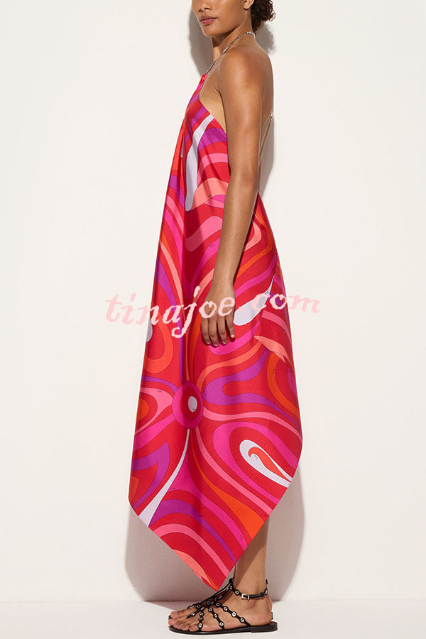 Elmhurst Satin Unique Print Chain Halter Draped Scarf Midi Dress