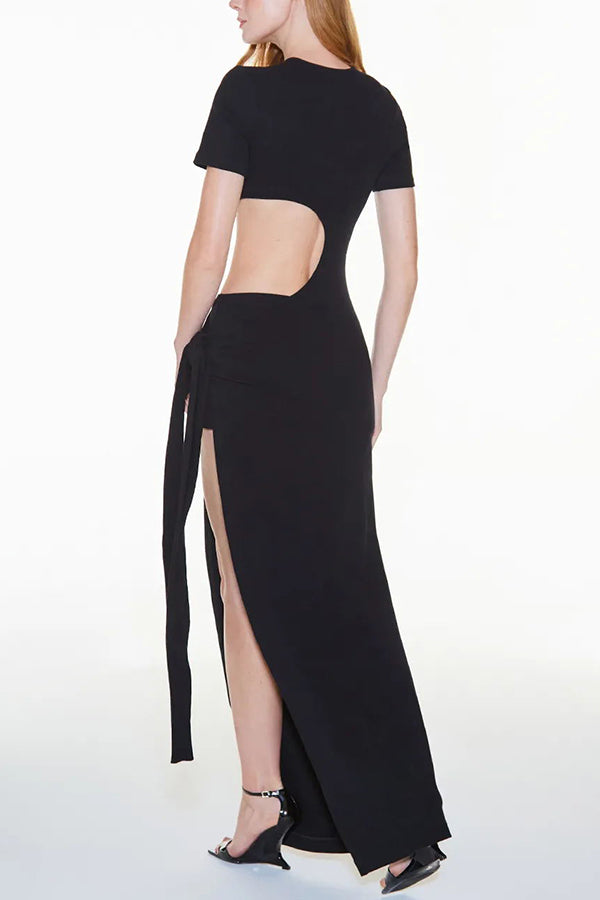 Holiday Party Ribbed Knit Cutout Waist Straps Slit Maxi Dress