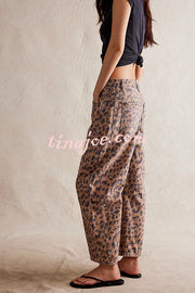 We The Free Denim Leopard Print Mid Rise Pocketed Barrel Jeans