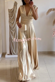 Roisin Metallic Fabric Ruched Shoulder V-neck Wide Leg Drape Jumpsuit