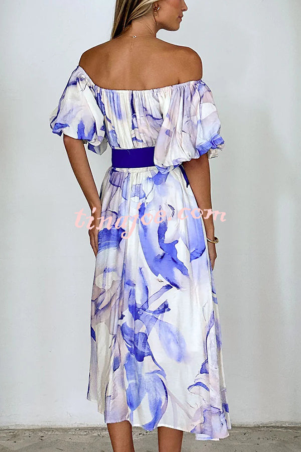 Floral Print Elegant Puff Sleeve Tie-Waist Midi Dress