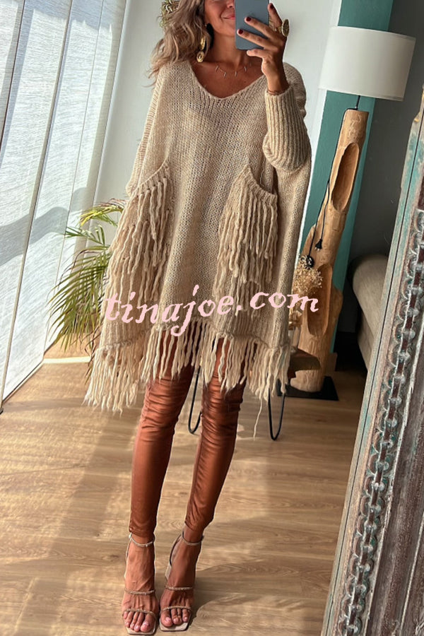 Coming with You Knit Tassel Trim Pocketed Loose Sweater