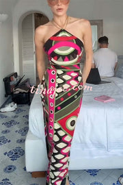 Jiya Unique Print Chain Detail Halter Backless Maxi Dress