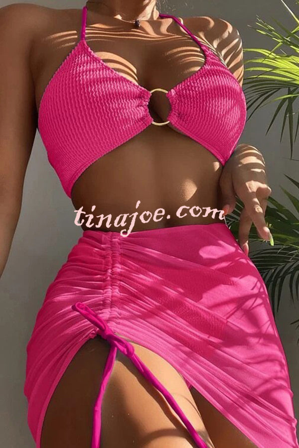 Commuting Style Suspender Pleated Hoop Three Pieces Swimsuit Set