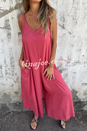 Linen Blend Solid Color Suspenders Loose Pockets Casual Wide-leg Jumpsuit