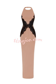Sexy Halterneck Lace Paneled Backless Slim Maxi Dress