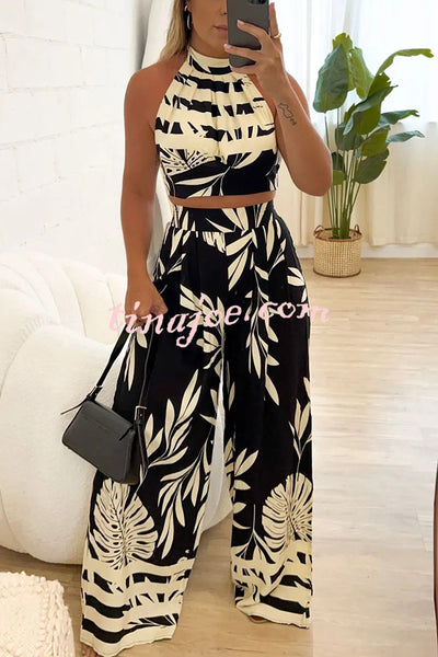 Botanical Print Halterneck Crop Top and Casual High-waist Wide-leg Pants Set