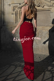 Fashionable Contrast Color Open Back Side Pleated Draped Maxi Dress