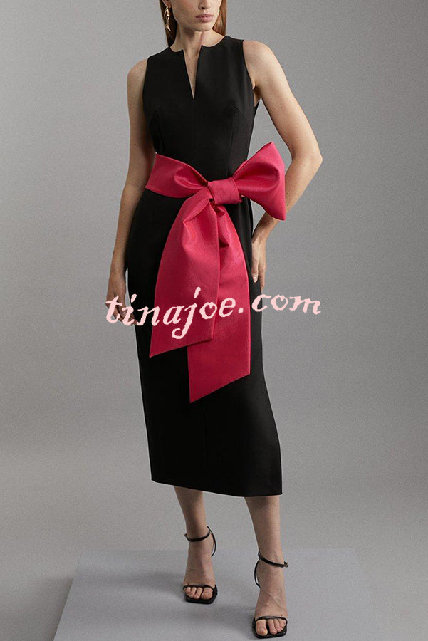 Clean Tailored Taffeta Contrast Oversized Bow Tie Waist Midi Dress