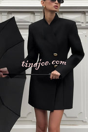 Kayleen Stand V-neck Decorative Metal Button Long Sleeve Pocket Blazer Mini Dress