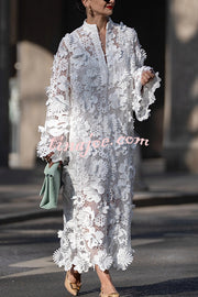 Solid Color Hollow Embroidery Loose Long Sleeve Midi Dress