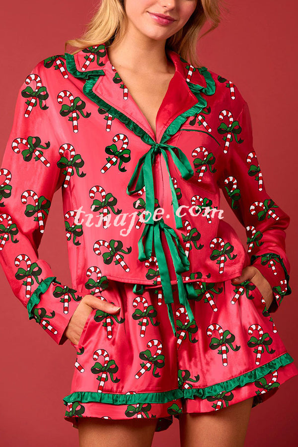 Christmas Holiday Print Bow Tie Long Sleeve and Elastic Waist Loose Shorts Set