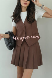 Solid Color Sleeveless Buttoned Vest and High-waisted Pleated Mini Skirt Set