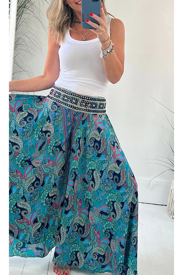 Ethnic Paisley Print Elastic Patchwork Waist Lightweight Pants