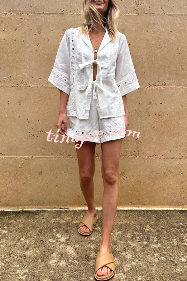 Celebrate Vacation Linen Blend Lace Splicing Tie-up Shirt and Elastic Waist Pocketed Shorts Set