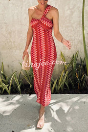Colorful Zigzag Pattern Lace One-shoulder Slim Vacation Midi Dress