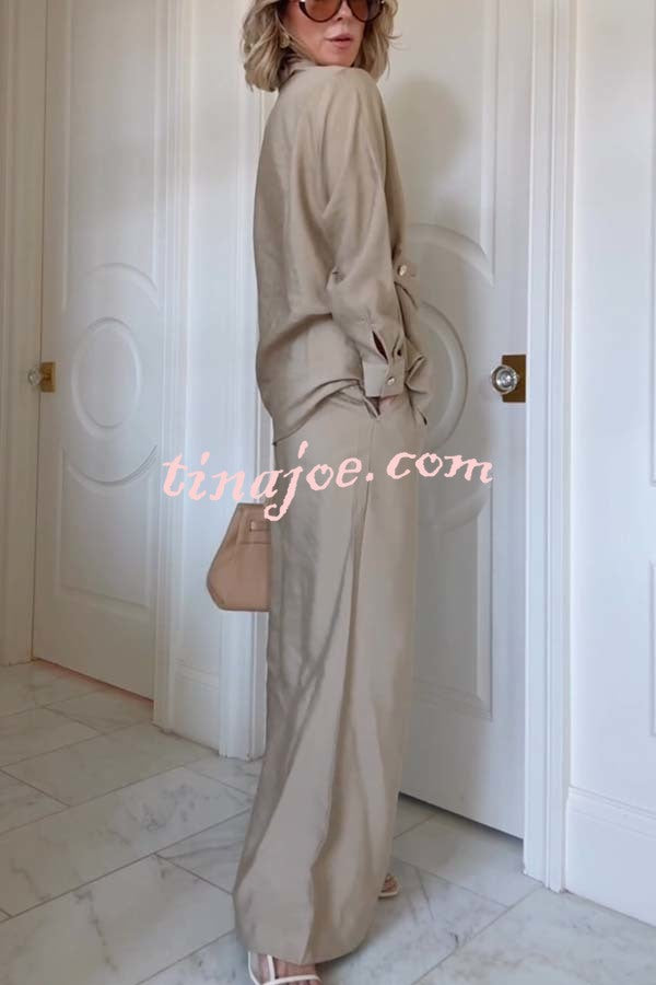 Juliette Cross-front Button Up Long Sleeve Shirt and Elastic Waist Pocket Loose Pants Set
