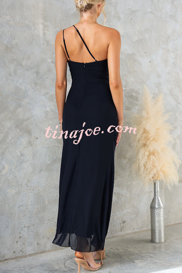 Fashion One-shoulder Pleated Sexy High Slit Slim Dress