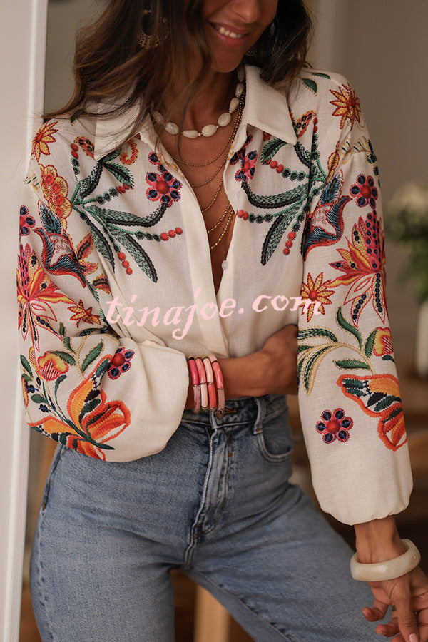 Botanical Print Loose Lapel Long Sleeve Casual Shirt