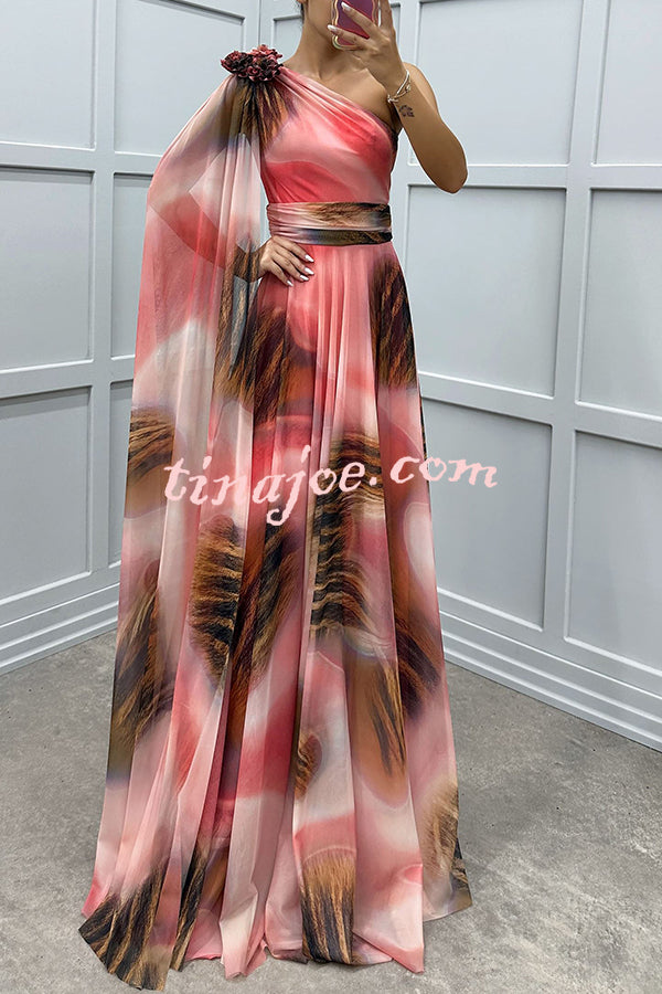 Lucia Unique Print Floral Detail One Shoulder Draped Sleeve Gown Maxi Dress