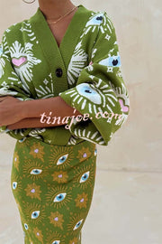 Mysterious Magic Knit Eye Heart Pattern Button Up Long Sleeve Loose Cardigan