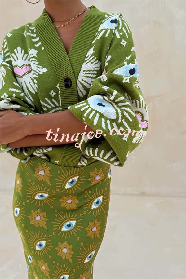 Mysterious Magic Knit Eye Heart Pattern Button Up Long Sleeve Loose Cardigan