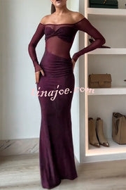 Forever Shimmering Sequin Mesh Patchwork Long Sleeve Strapless Stretch Maxi Dress