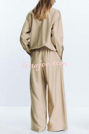 Juliette Cross-front Button Up Long Sleeve Shirt and Elastic Waist Pocket Loose Pants Set