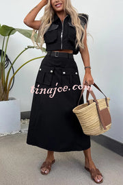 Athleisure Zipper Pocket Sleeveless Jacket and Belted Cargo Midi Skirt Set