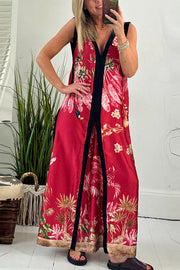 Vanna Unique Tropical Print Black Patchwork Detail A-line Maxi Dress