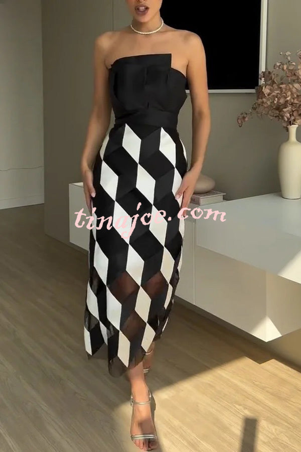 Sexy Tube Top and Backless Rhombus Contrast Midi Dress