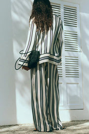 Lifetime of Happiness Striped Long Sleeve Loose Shirt and Elastic Waist Pocket Pants Set