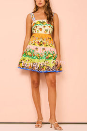 Sweet and Sour Summer Multicolor Lemon Print Pleated Hem Mini Dress