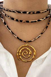 Stylish Leopard Print Leather Cord Spiral Stainless Steel Necklace