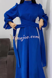 Solid Color Ruffled Sleeves Waisted Tie Slim Fit Maxi Dress