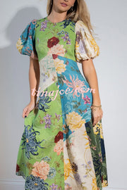 Floral Print Round Neck Puff Sleeve Casual Midi Dress