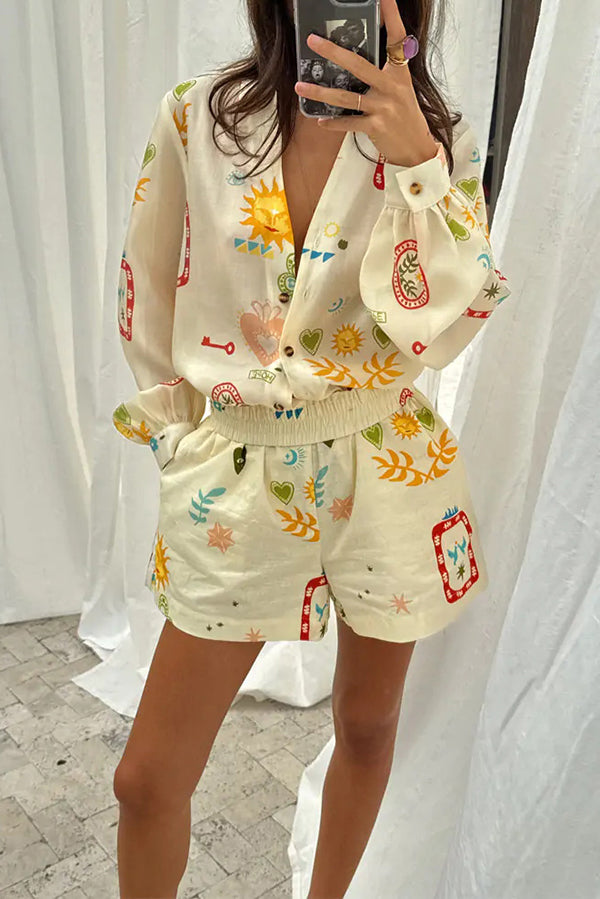 Funny Vacation Unique Printed Long Sleeve Shirt and Elastic Waist Pocket Loose Shorts Set