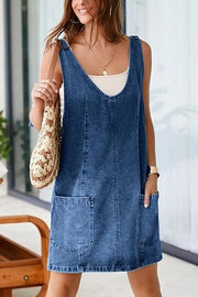 Solid Color Sleeveless V-neck Pocket Adjustable Denim Suspender Mini Dress